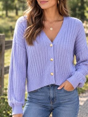 STAUD Eloise Ribbed Knit Cardigan v-neck button front lavender large